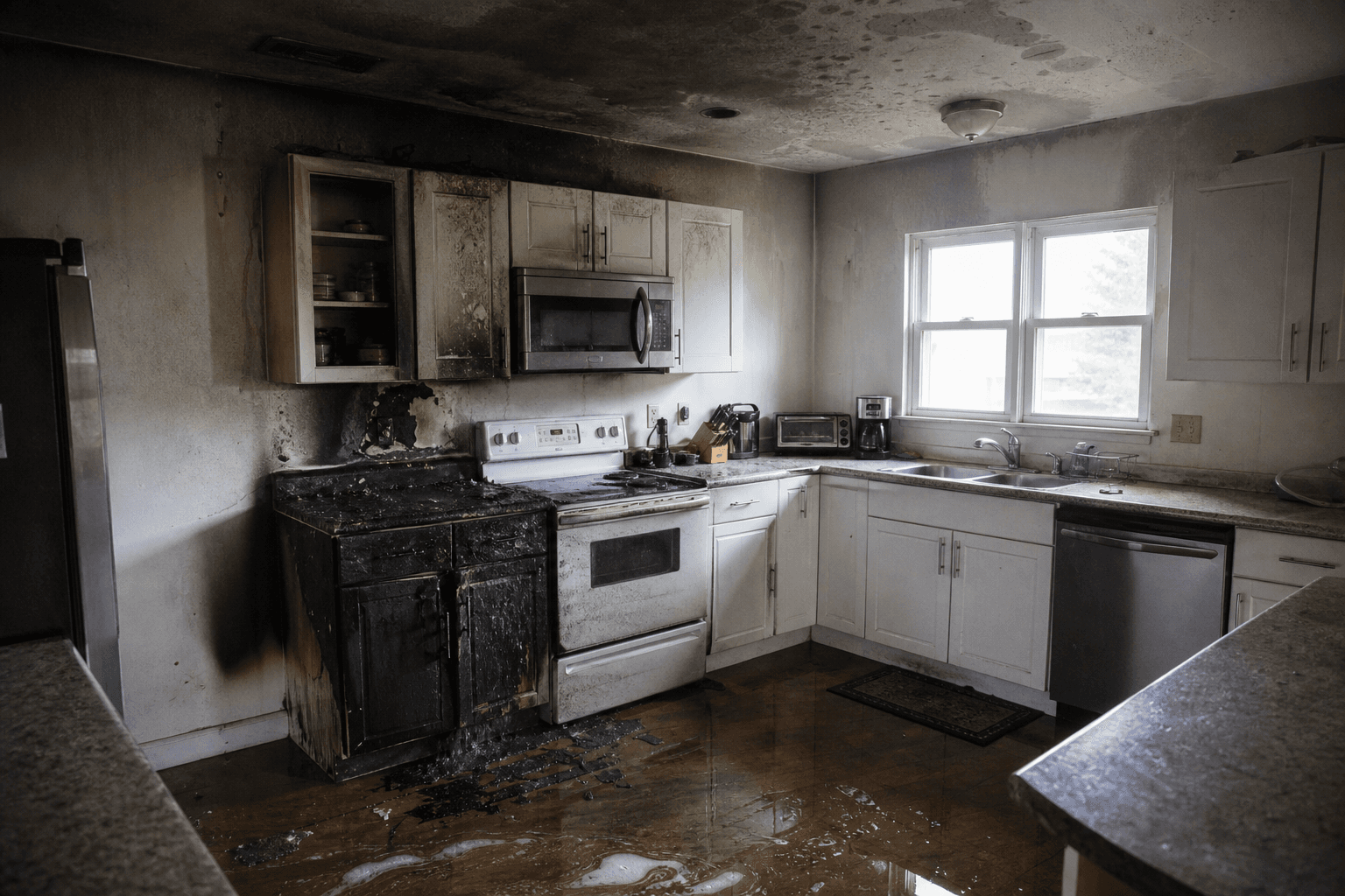 Kitchen fire damage before cleanup and rebuild