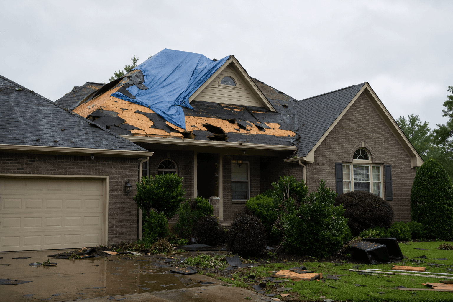 Storm-damaged residential roof with emergency tarp