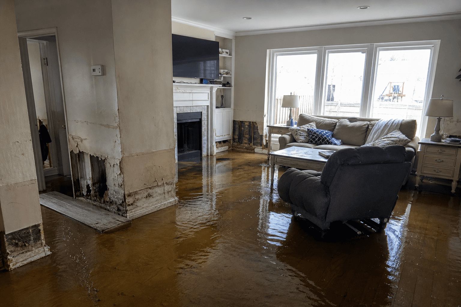 Flooded living room after water intrusion