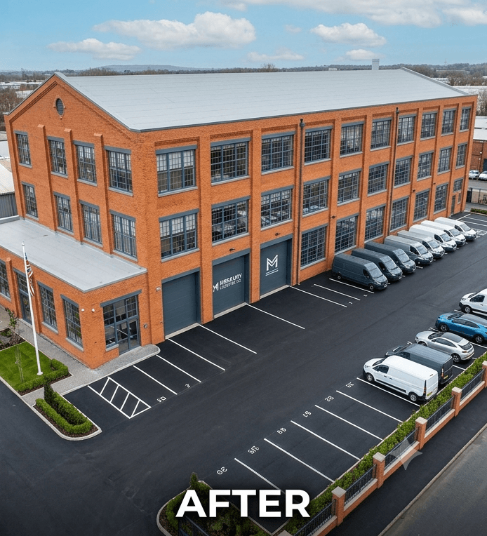 Restored commercial building exterior after rebuild