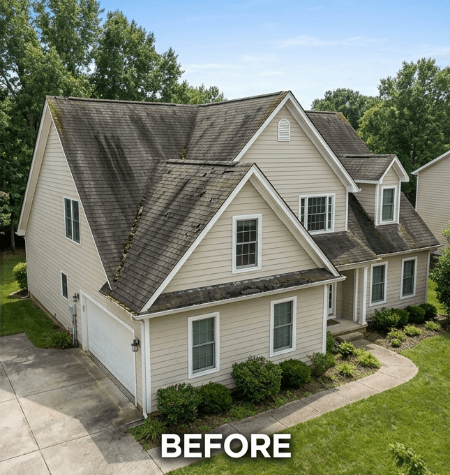 Residential roof with algae and moss staining before restoration