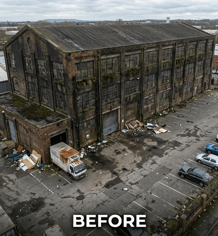 Dilapidated warehouse exterior before restoration