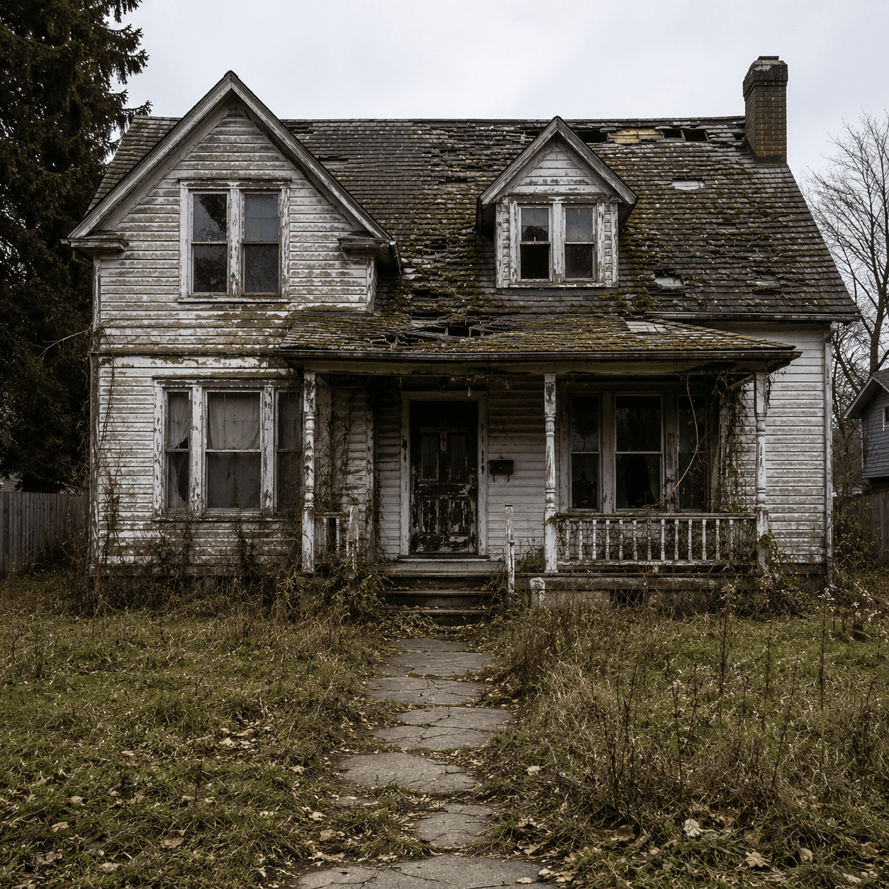 Dilapidated residential exterior before full restoration