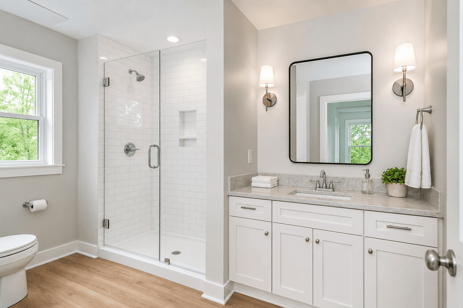 Restored bathroom finishes after storm water rebuild