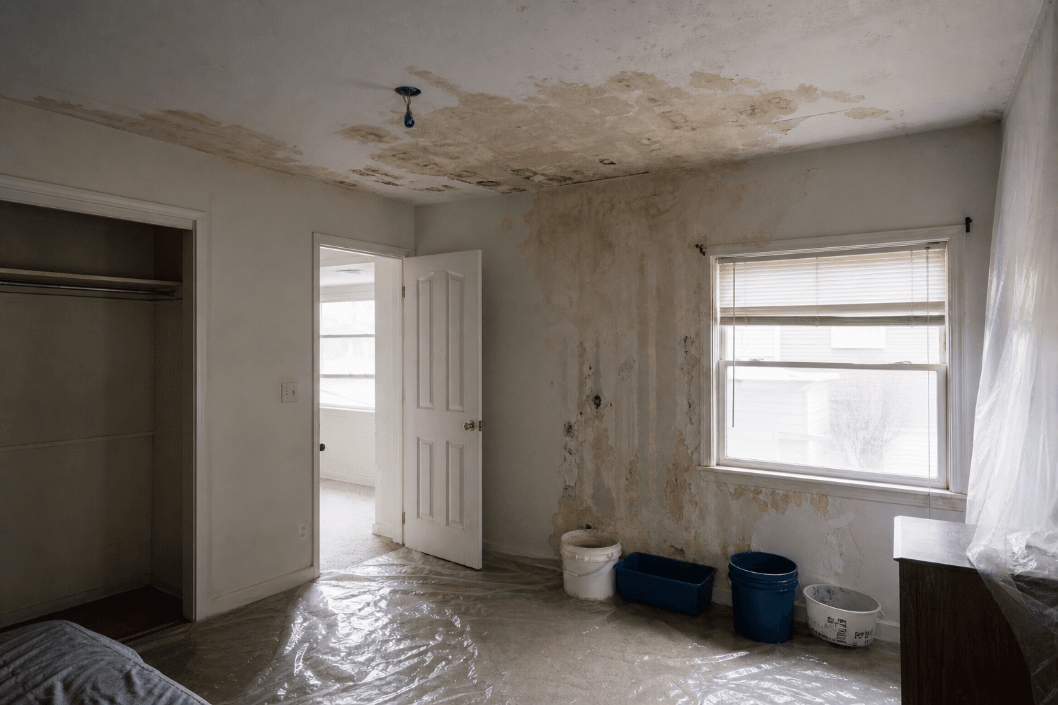 Interior ceiling leak and water damage before storm mitigation